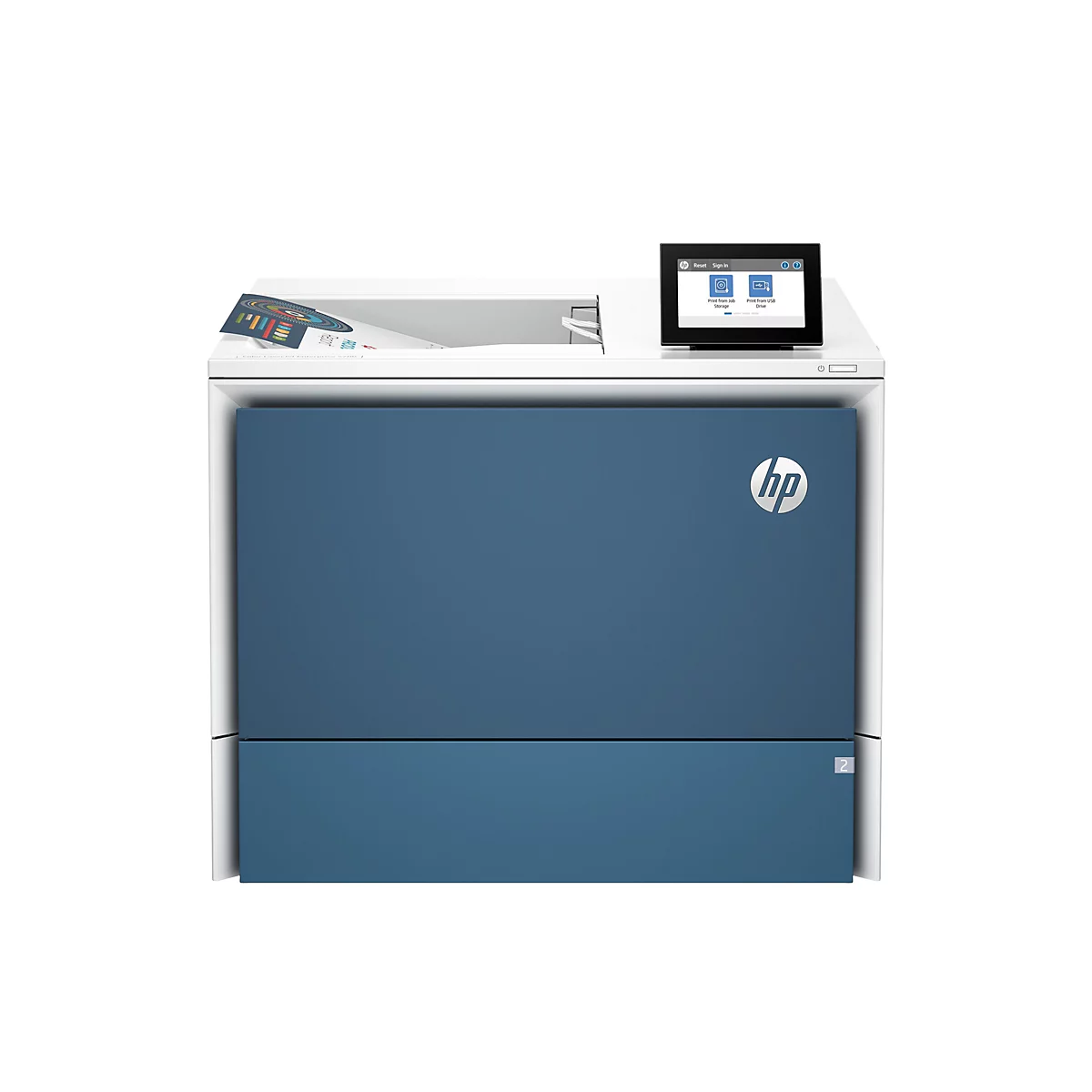 Ein blauer HP-Drucker vor weißem Hintergrund, mit Touchscreen und Papierausgabe.