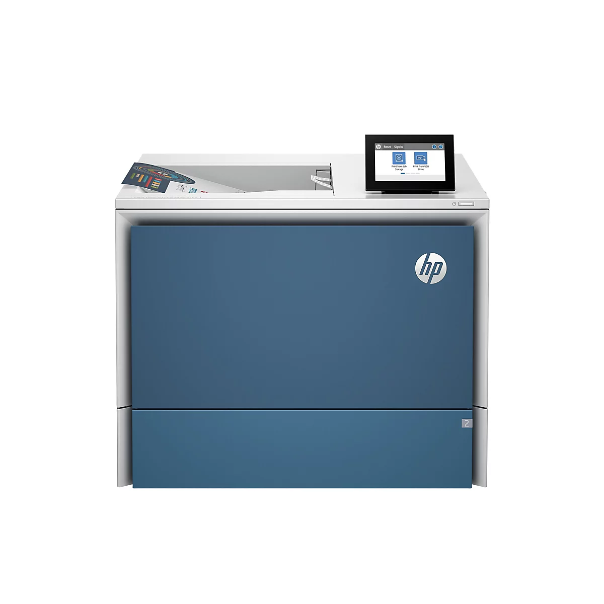 Blau-weißer HP-Farblaserdrucker. Auf dem Display sind Optionen wie „Drucken von Job Storage“ und „Drucken von USB-Laufwerk“ zu sehen.