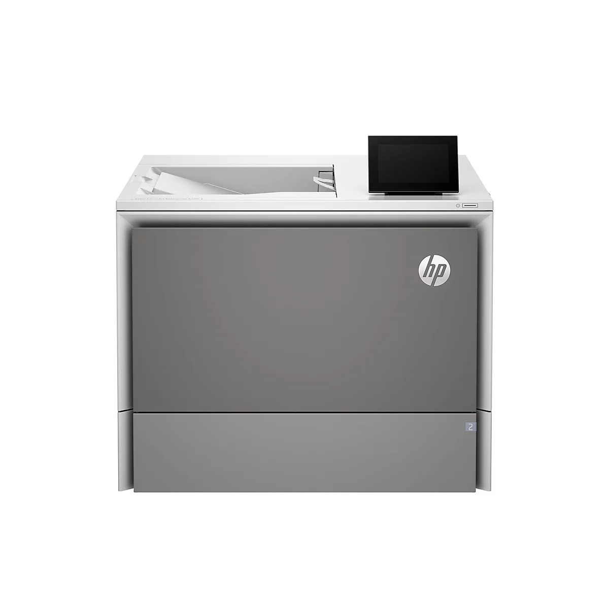 Grauer Drucker mit einem schwarzen Touchscreen und HP-Logo.