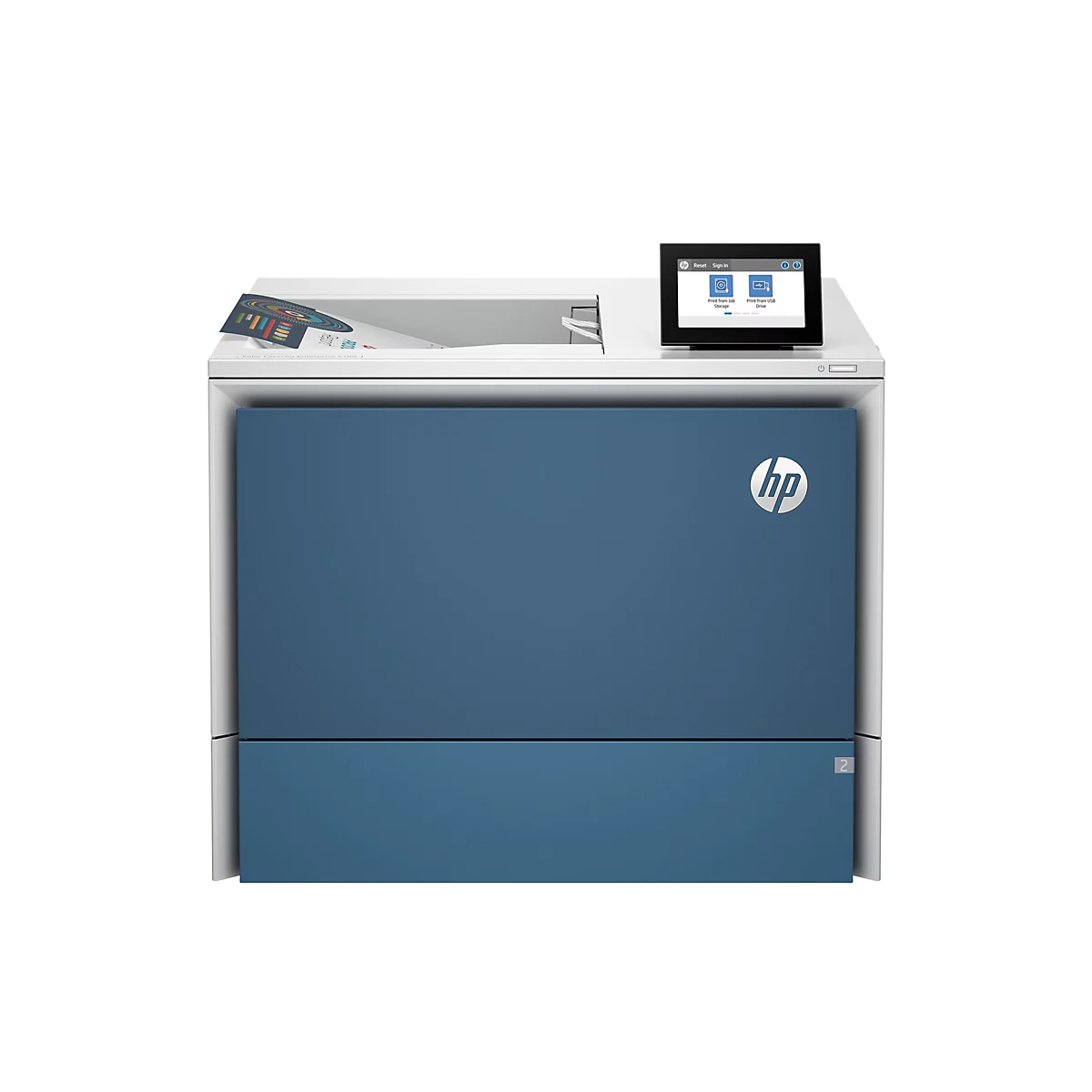 Blau-weißer HP-Drucker, Display mit Optionen wie „Drucken vom Job-Speicher“ und „Drucken vom USB-Laufwerk“.