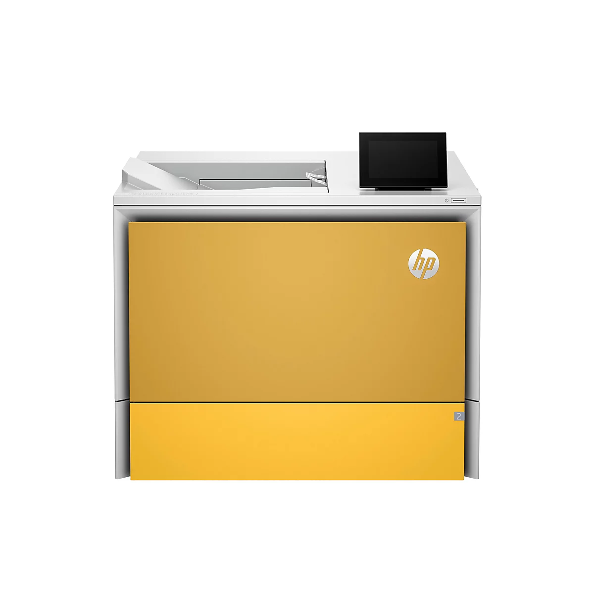 Gelber HP-Farblaserdrucker mit schwarzem Bedienfeld. Das HP-Logo ist auf der Vorderseite zu sehen.
