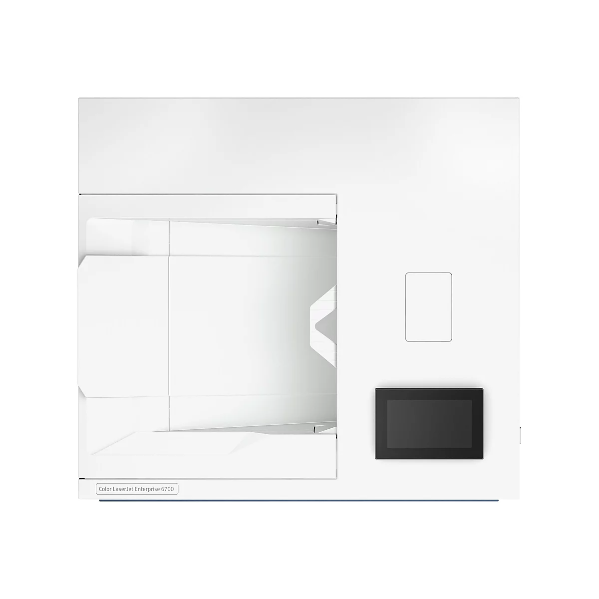 Weißer Drucker, rechteckiges Bedienfeld, Display und ein kleines Fenster.