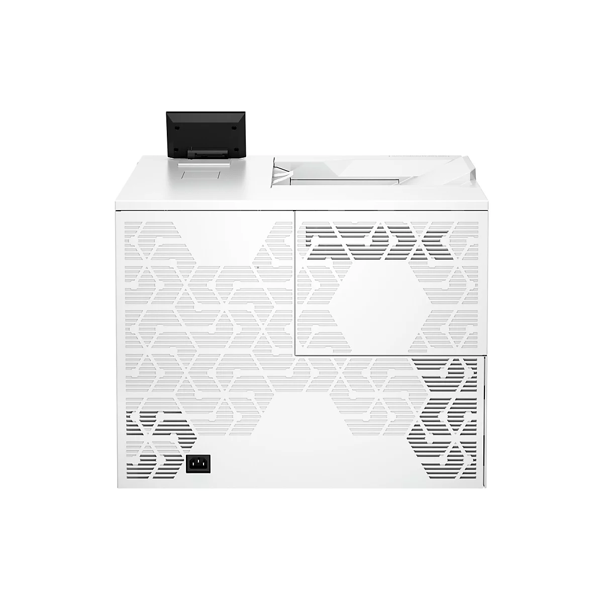 Weißes Gerät mit schwarzem Display und geometrischem Muster. Auf dem Gerät ist ein schwarzes Display platziert.