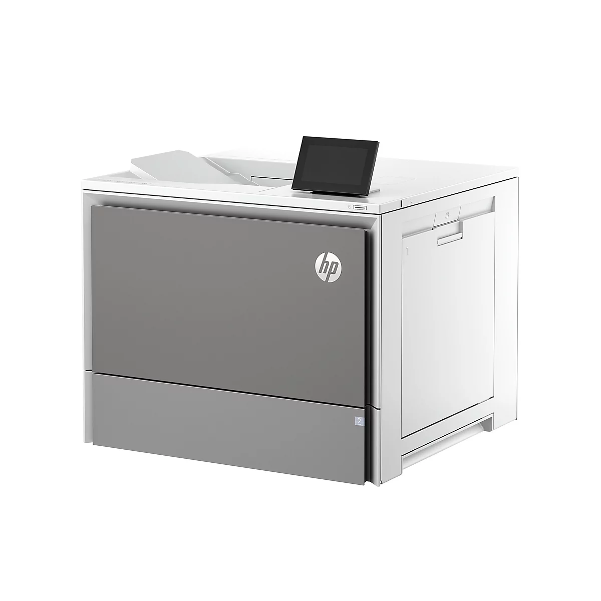 Grau-weißer Drucker mit einem Touchscreen, HP Logo und Papierschacht.