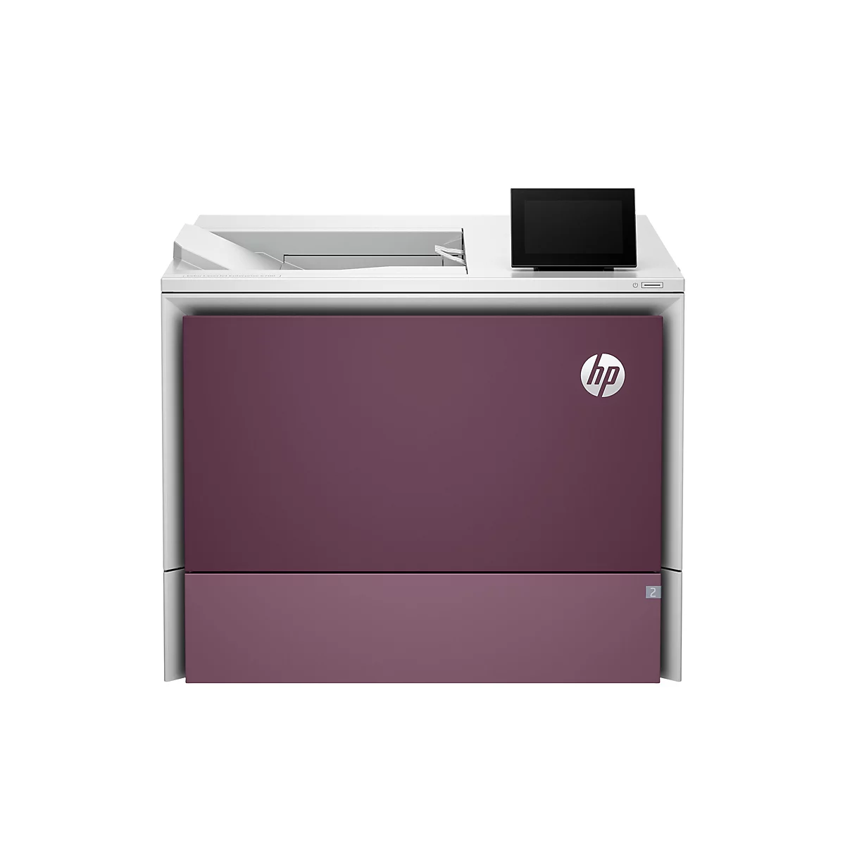 Ein weiß-violett-farbiger Drucker auf weißem Hintergrund. Oben ein schwarzes Display, darunter das HP Logo.