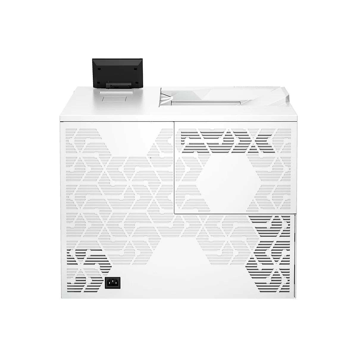 Ein weißer Drucker mit schwarzem Display. Die Vorderseite ist mit einem geometrischen Muster versehen, das durch Aussparungen in der Oberfläche entsteht. An der unteren rechten Seite befindet sich ein Stromanschluss.