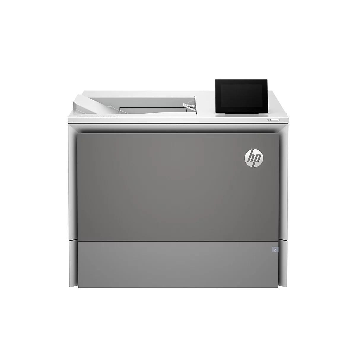 Grauer HP-Drucker, mit Bedienfeld oben rechts. HP-Logo mittig.