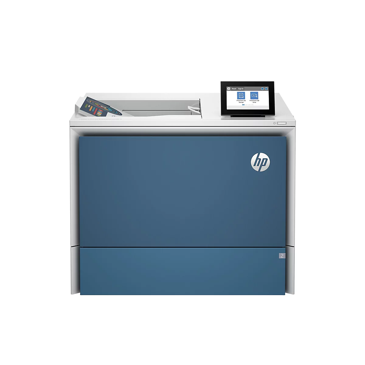 Blau-weißer Drucker mit Touchscreen und HP Logo. Der Bildschirm zeigt Optionen zum Drucken.