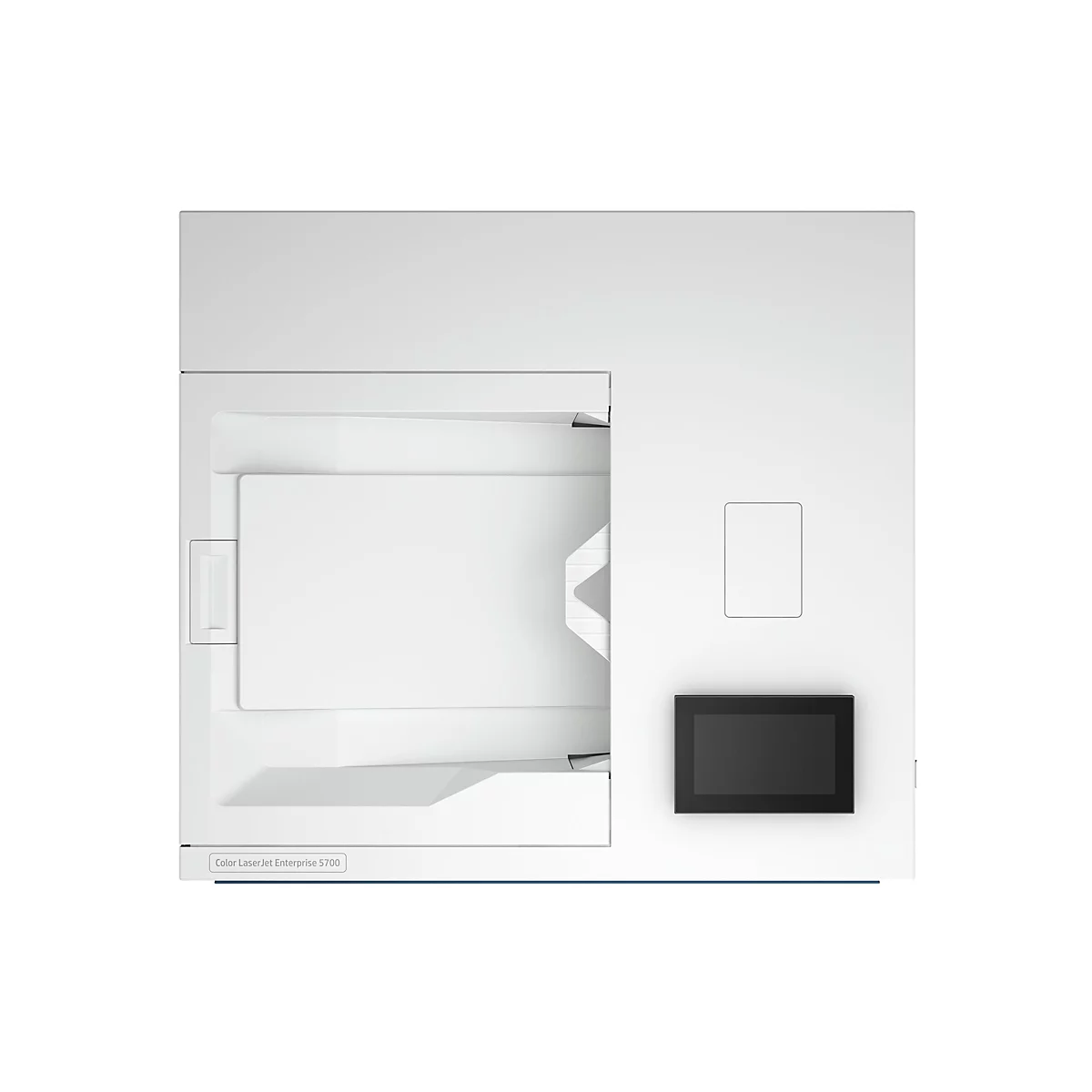 Draufsicht auf einen weißen Drucker mit schwarzem Touchscreen. Am unteren Rand steht „Color LaserJet Enterprise 5700“.