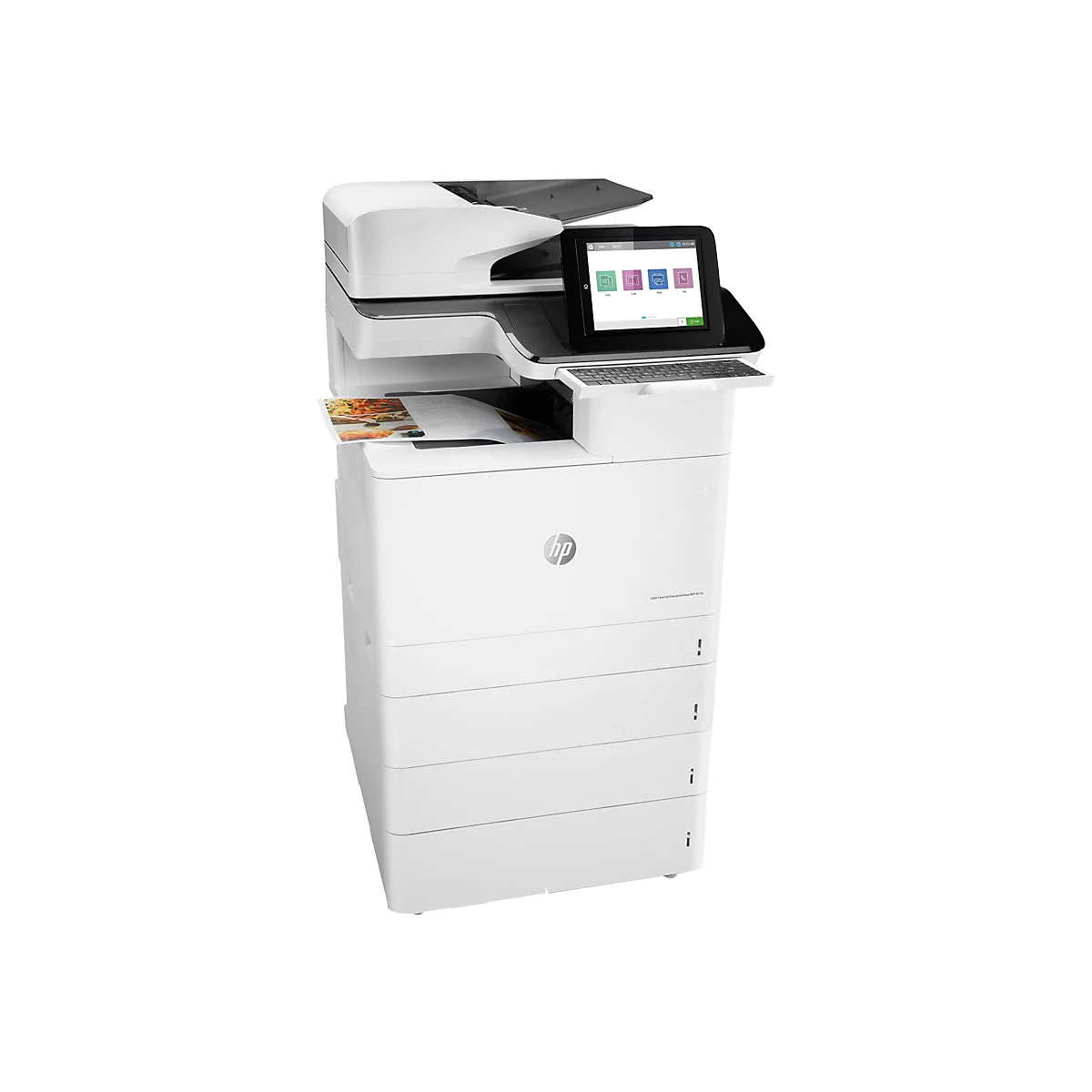 Une imprimante multifonction HP blanche. L'écran tactile affiche des options telles que copier, numériser, imprimer et faxer.