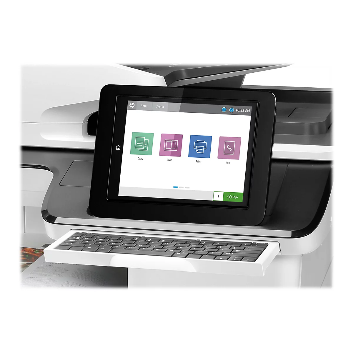 Une imprimante multifonction noire avec écran tactile. L'écran affiche des options telles que copier, numériser, imprimer et faxer.