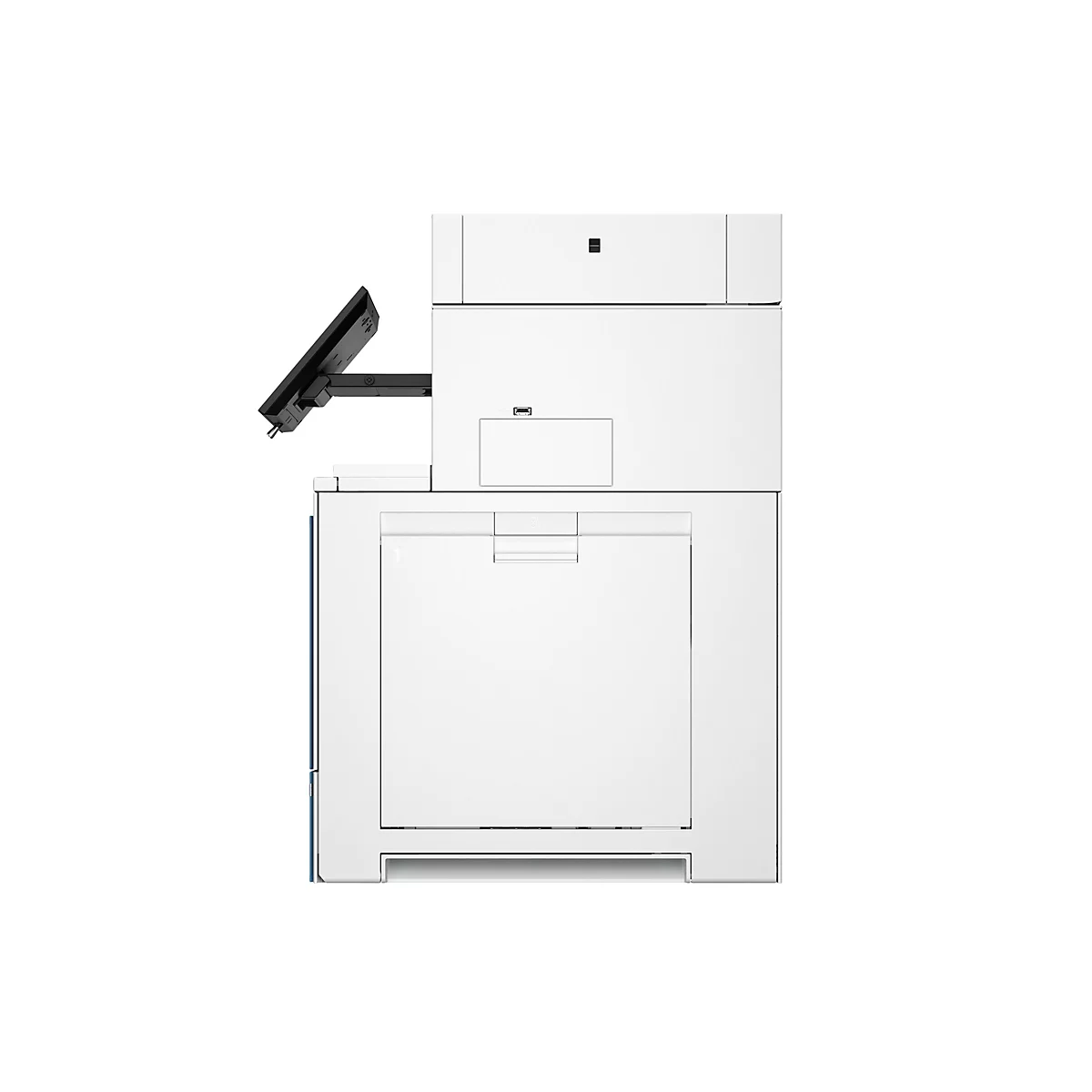 Weißer Büro-Multifunktionsdrucker in Vorderansicht vor weißem Hintergrund.
