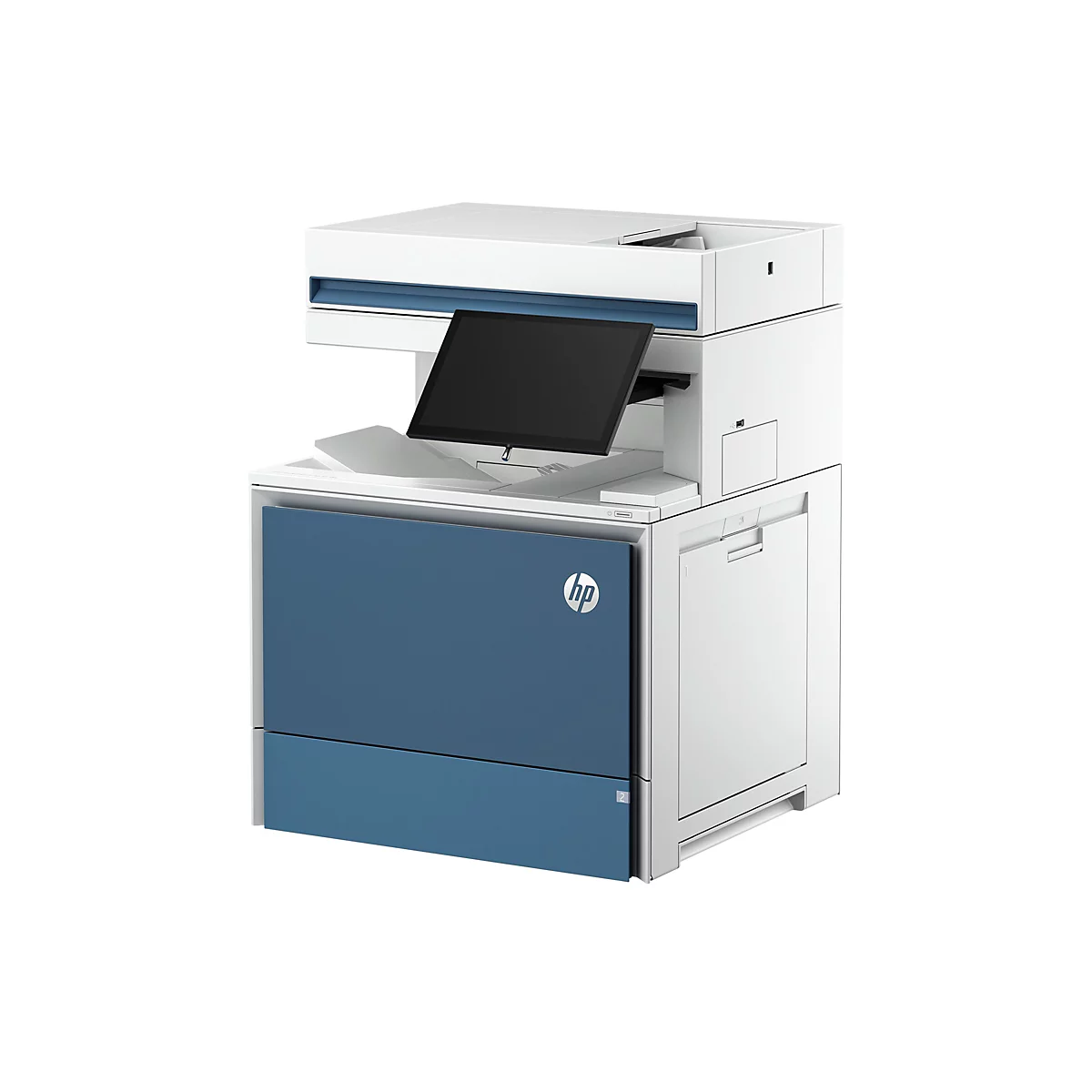 Ein weißer HP Multifunktionsdrucker mit blauer Frontplatte vor neutralem Hintergrund.