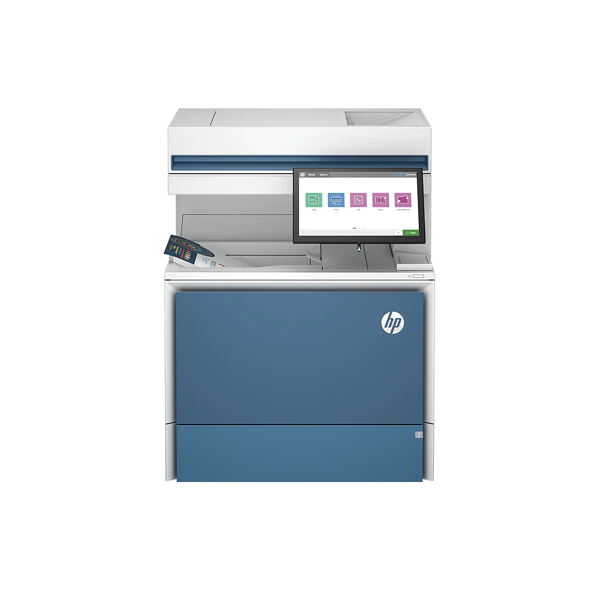 Großer weiß-blauer HP Multifunktionsdrucker vor neutralem Hintergrund mit Touchscreen-Display.