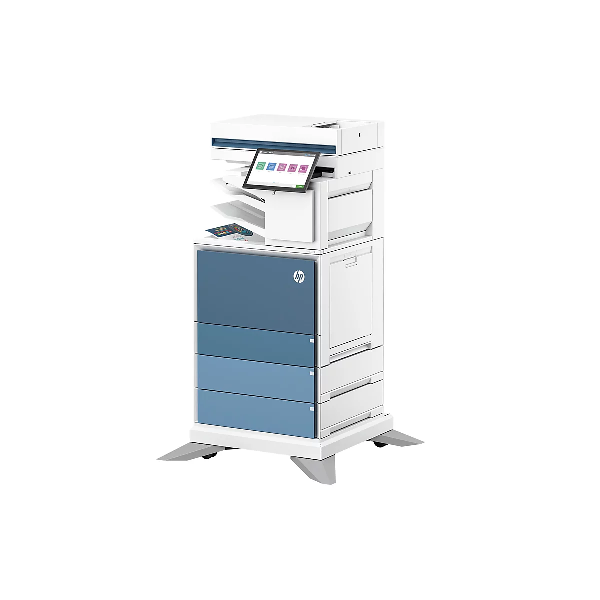HP Multifunktionsdrucker in Weiß und Blau mit Touchscreen auf weißem Hintergrund.