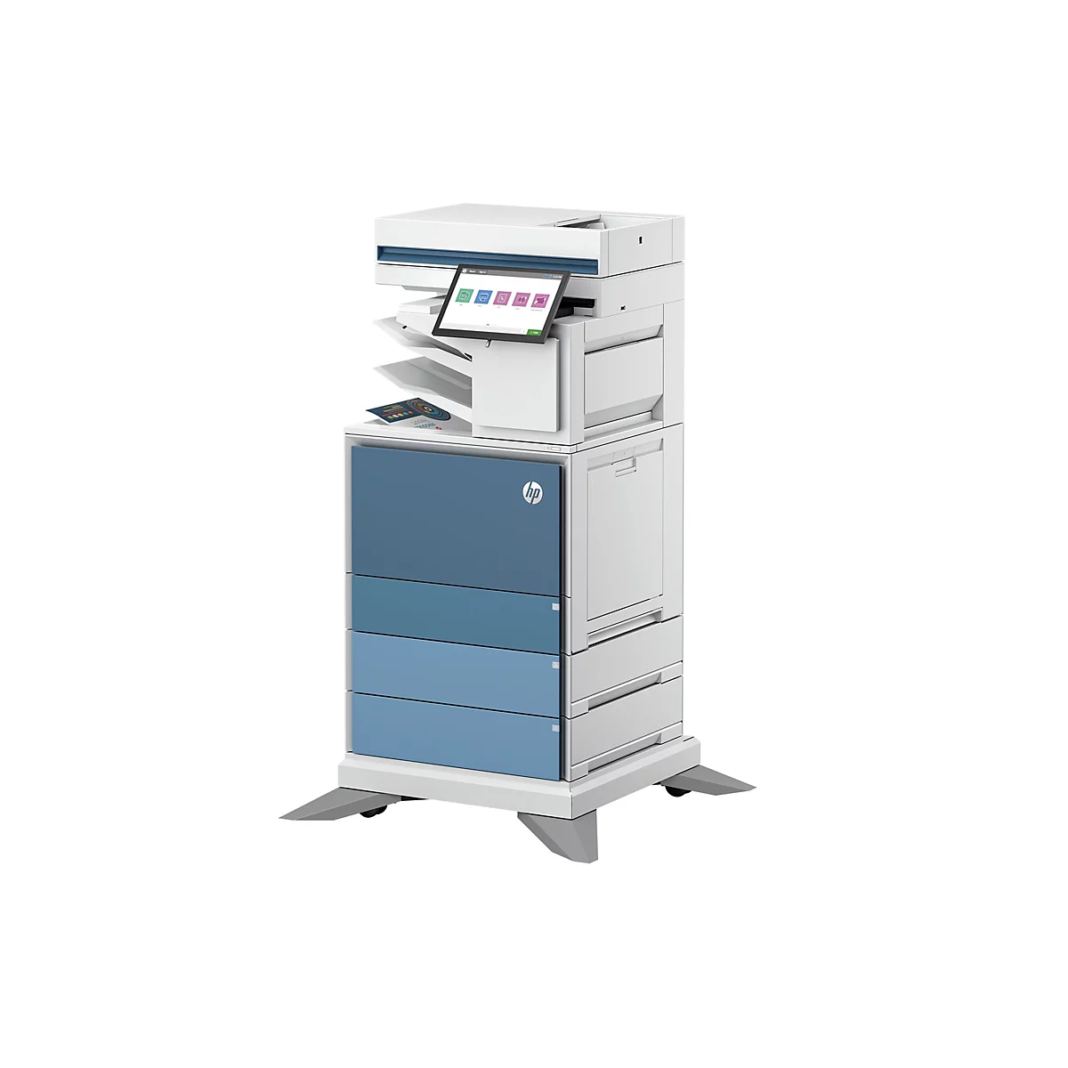 Ein weißer HP Multifunktionsdrucker mit blauen Papierkassetten und Touchscreen vor weißem Hintergrund.
