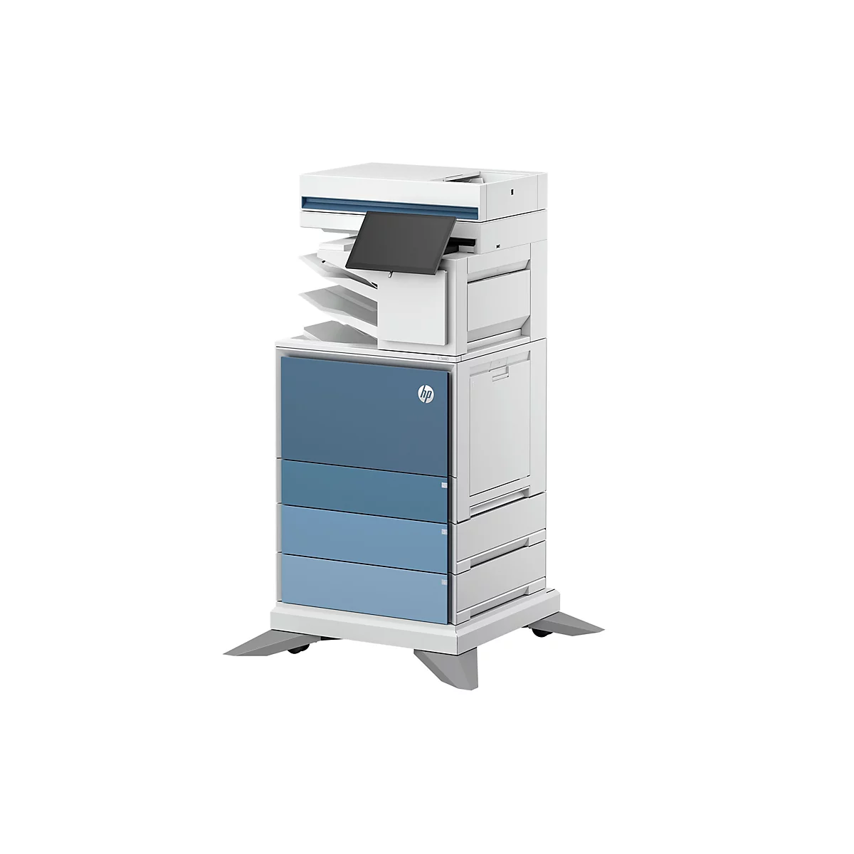 Großer weiß-blauer HP Multifunktionsdrucker mit Touchscreen-Display vor neutralem weißem Hintergrund.