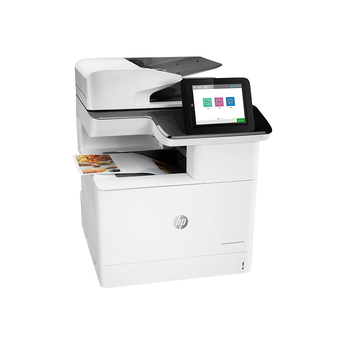 Une imprimante HP Color LaserJet Enterprise MFP M776 blanche. L'écran tactile affiche des options telles que copier, numériser et imprimer. Une feuille avec des images colorées est en cours d'impression.