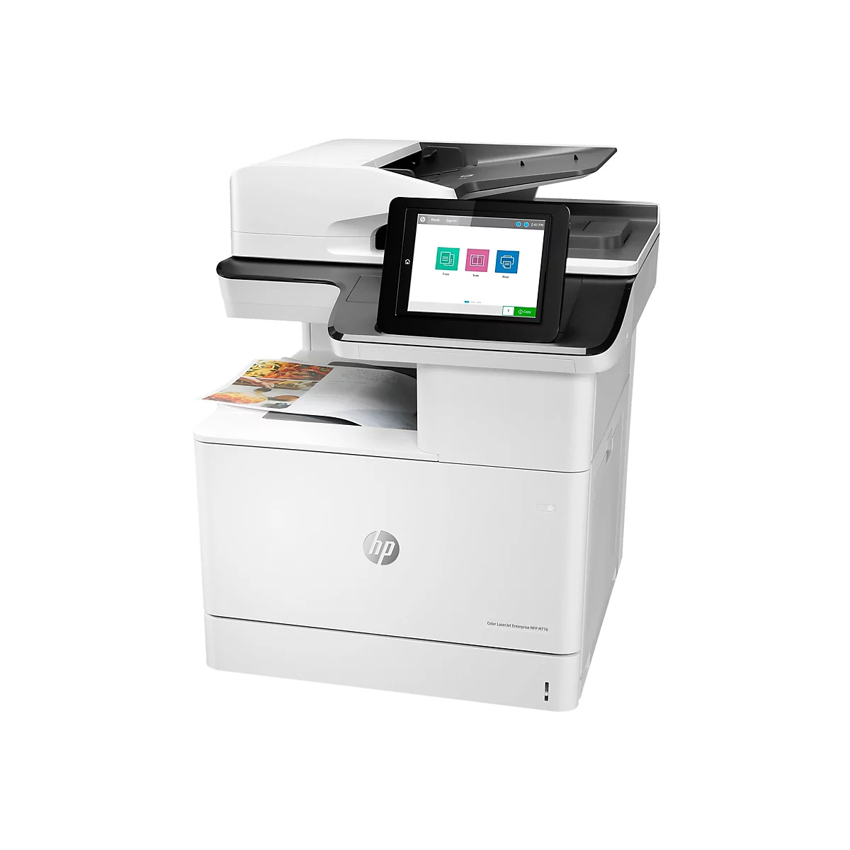 Une imprimante HP Color LaserJet Enterprise MFP M776 blanche. L'écran tactile affiche des options de copie, de numérisation et d'impression.