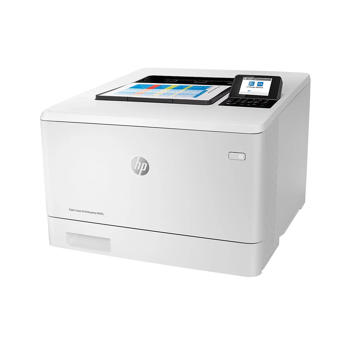 Ein weißer HP Color LaserJet Enterprise M455 Drucker mit Dokumenten und Display. Auf dem Display ist "Job Storage USB Drive" angezeigt.