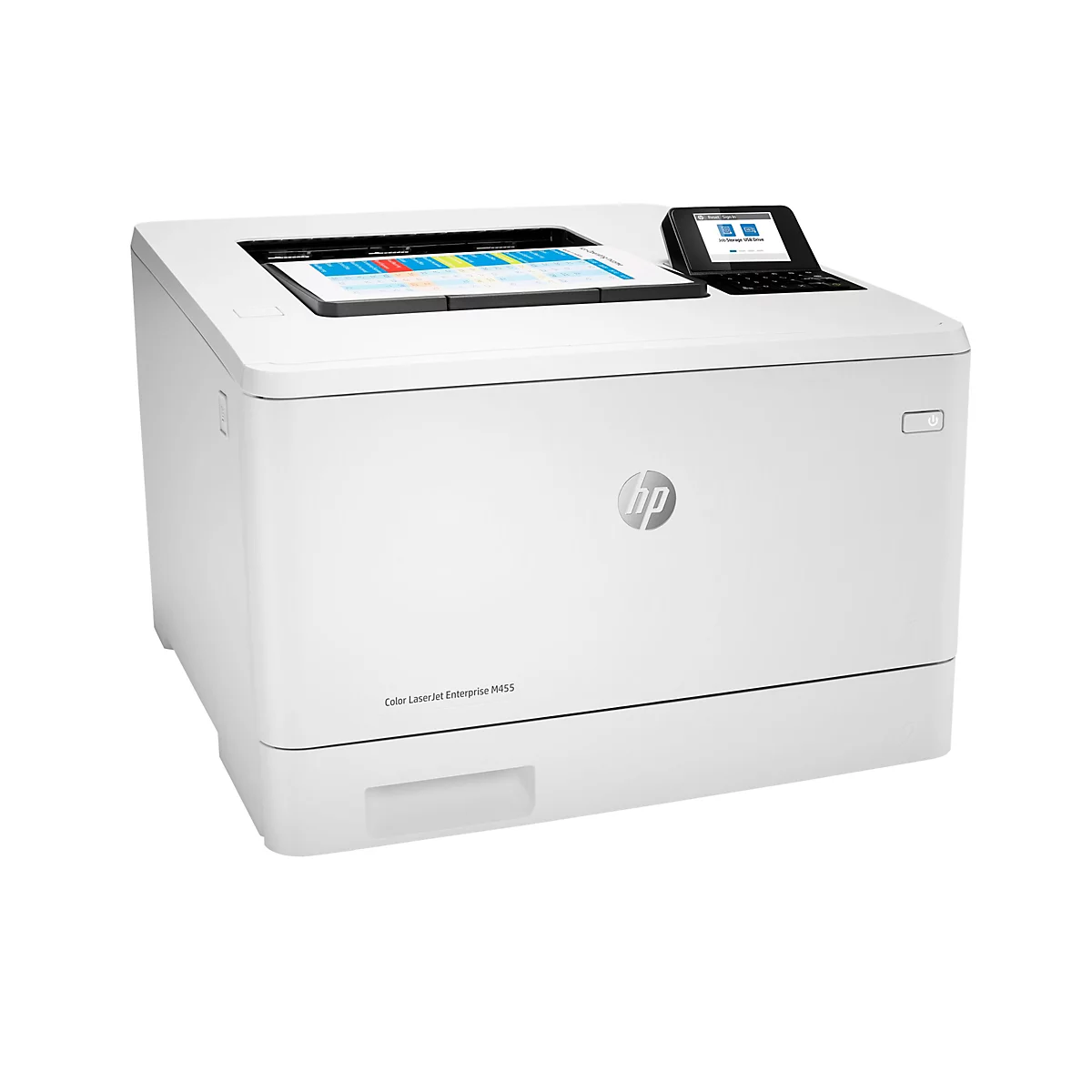 Weißer HP-Laserdrucker mit Farbdruckvorlage und Display. Aufdruck: Color LaserJet Enterprise M455.