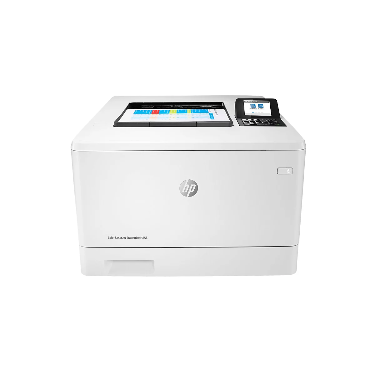 Ein weißer HP Color LaserJet Enterprise M455 Drucker mit Bedienfeld und eingeschaltetem Ein/Aus-Knopf.