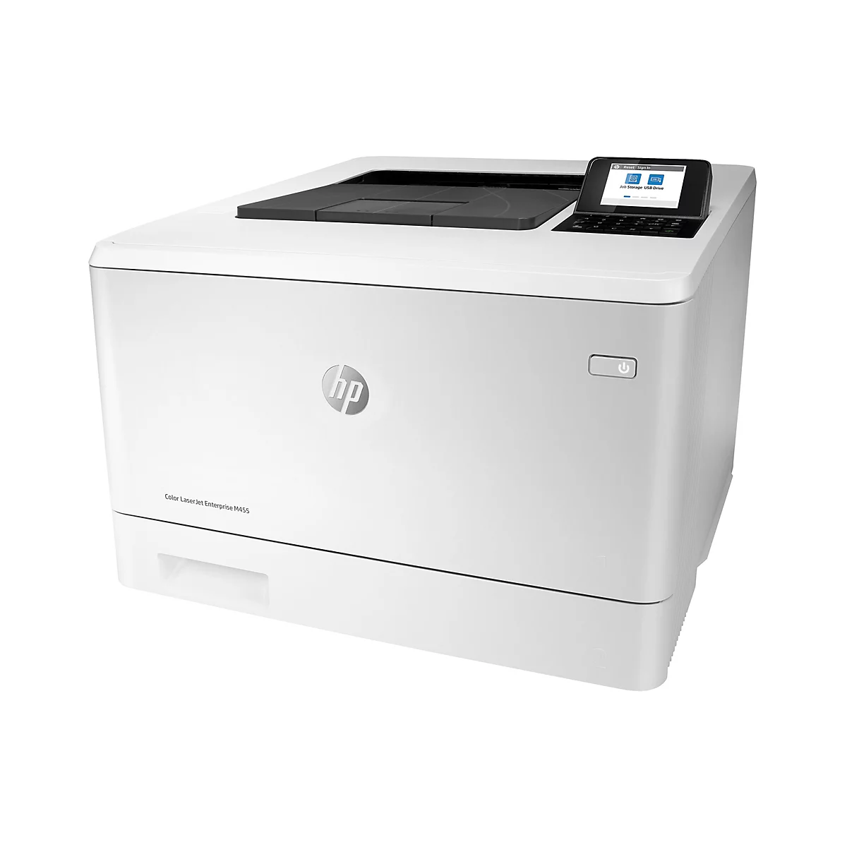 Weißer HP Color LaserJet Enterprise M455 Drucker, schwarzes Bedienfeld, HP Logo.