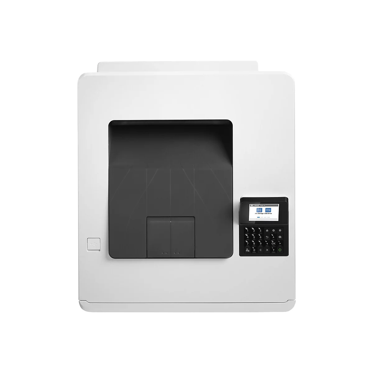 Weißer Drucker, Frontansicht. Ein kleines Bedienfeld mit Tasten und Display.