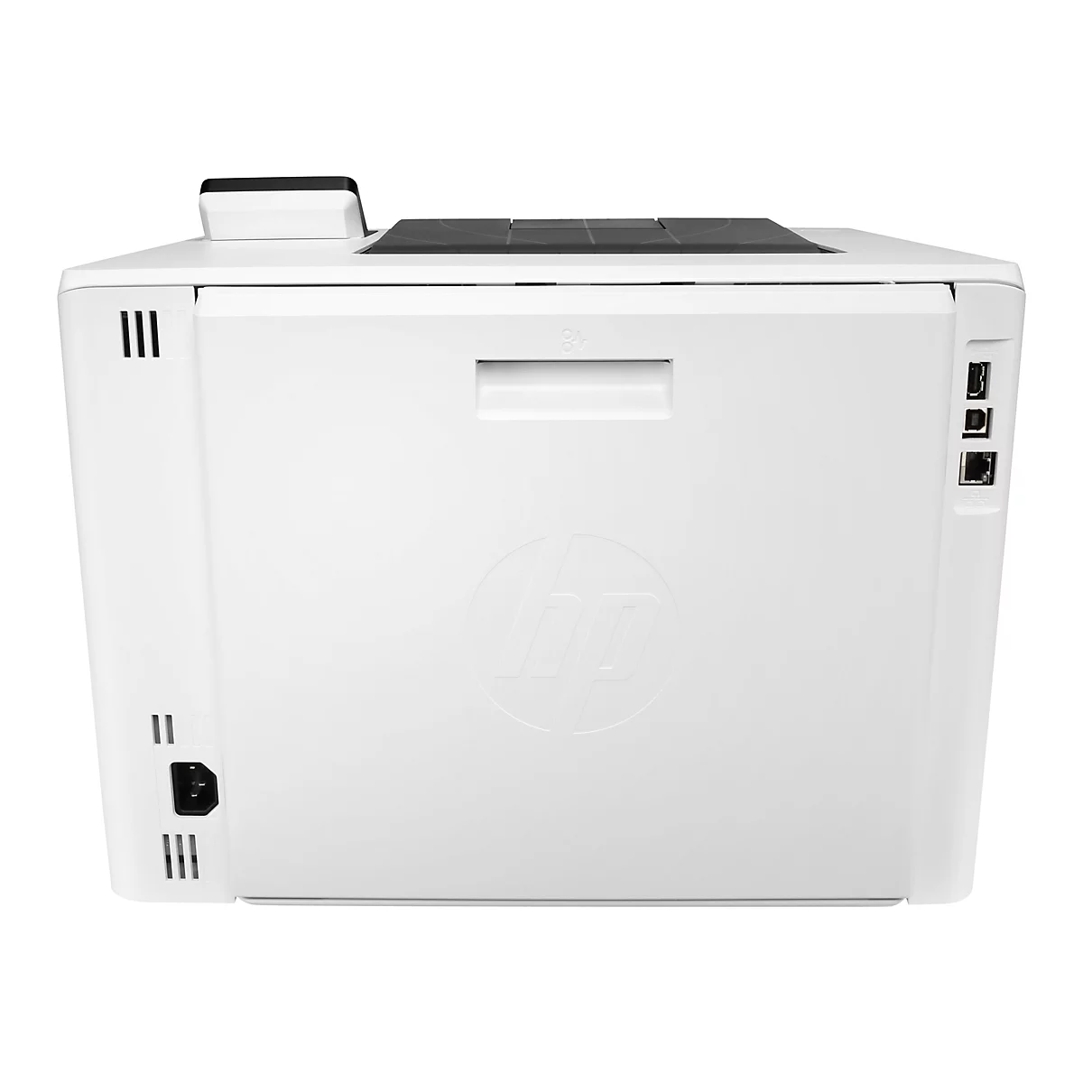 Weißer Drucker von hinten, mit HP-Logo, Anschlüssen, Lüftungsschlitzen.