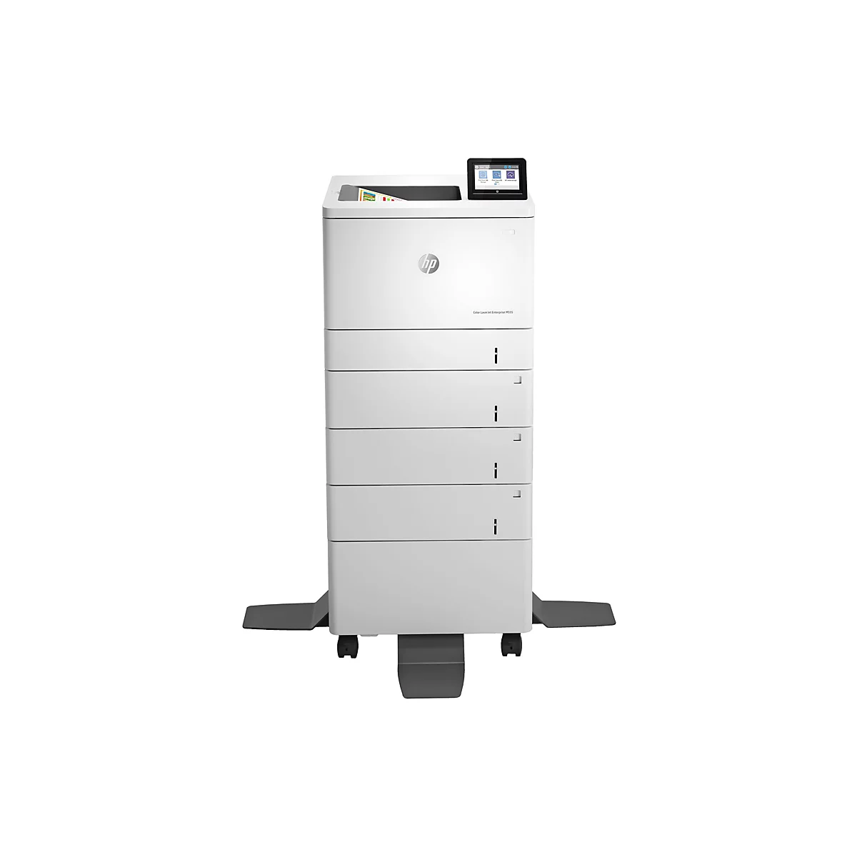 Ein weißer Drucker mit Touchscreen, auf Rollen stehend, vor weißem Hintergrund. Das HP-Logo ist prominent zu sehen. Auf dem Display werden Icons angezeigt.