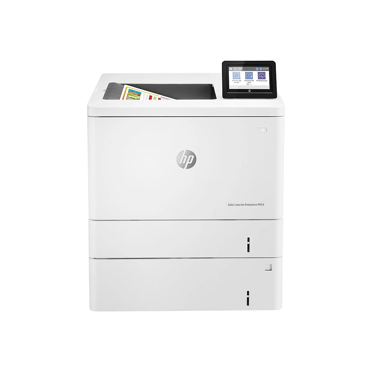 Weißer Drucker, ein HP Color LaserJet Enterprise M555. Oben befindet sich ein Touchscreen-Bedienfeld, darunter das HP-Logo.