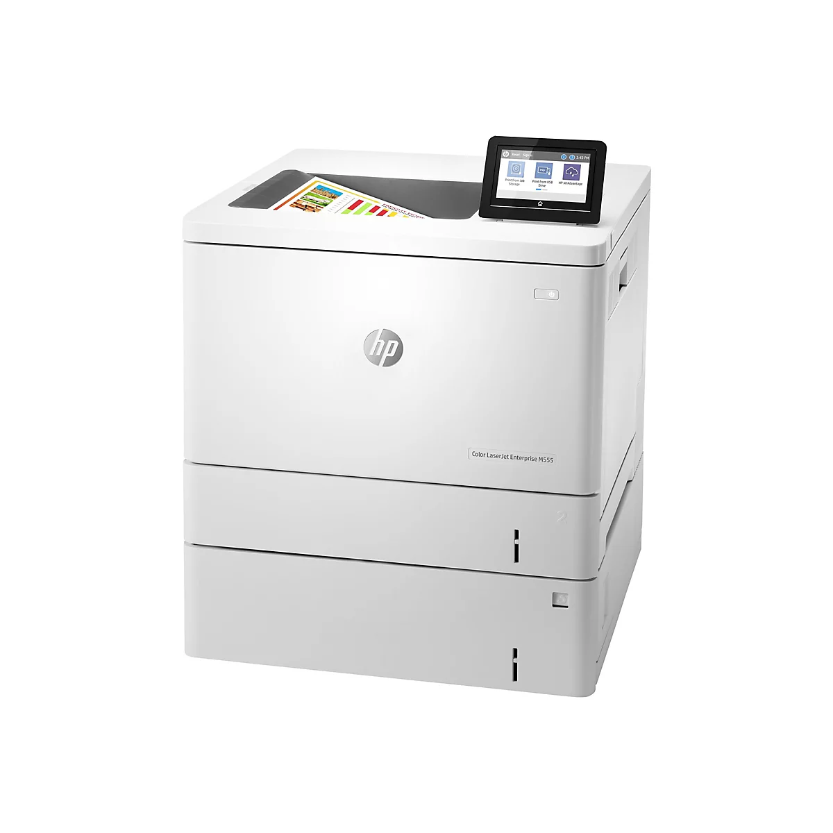Ein weißer HP Color LaserJet Enterprise M555 Drucker. Auf dem oberen Teil liegt ein Blatt Papier mit farbigem Ausdruck. Das Bedienfeld zeigt mehrere Optionen an.