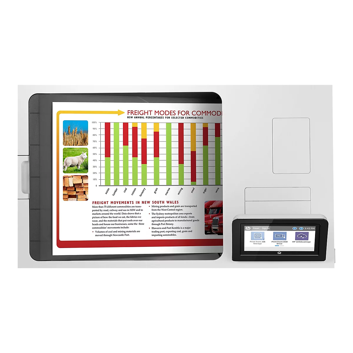 Diagramm mit Balken zeigt Transportwege für Rohstoffe in New South Wales. Oben rechts ein Touchscreen der Druckerbedienung. Daneben ein Drucker.