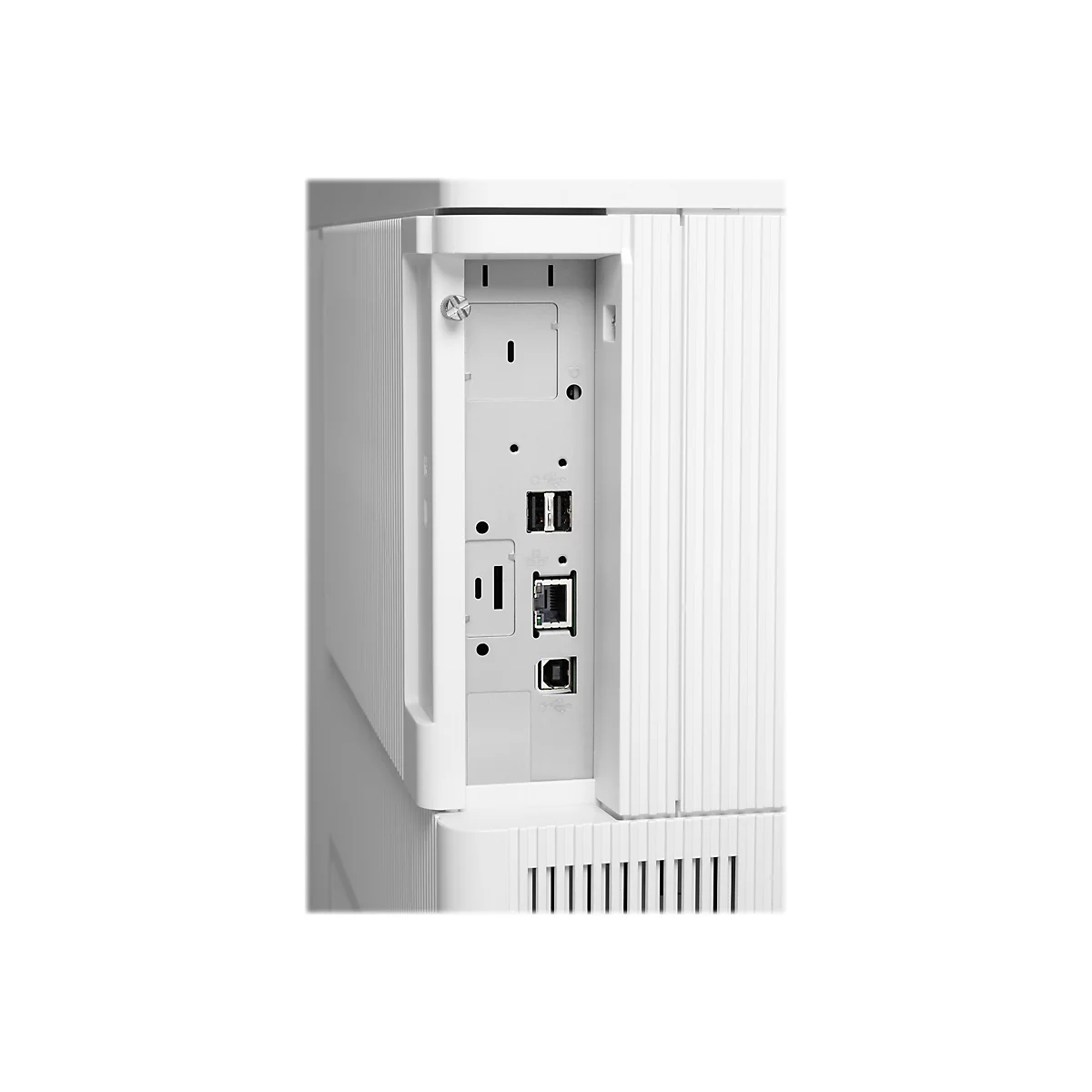Nahaufnahme der Rückseite eines weißen Netzwerkspeichers mit Anschlüssen für USB, Ethernet und Strom.