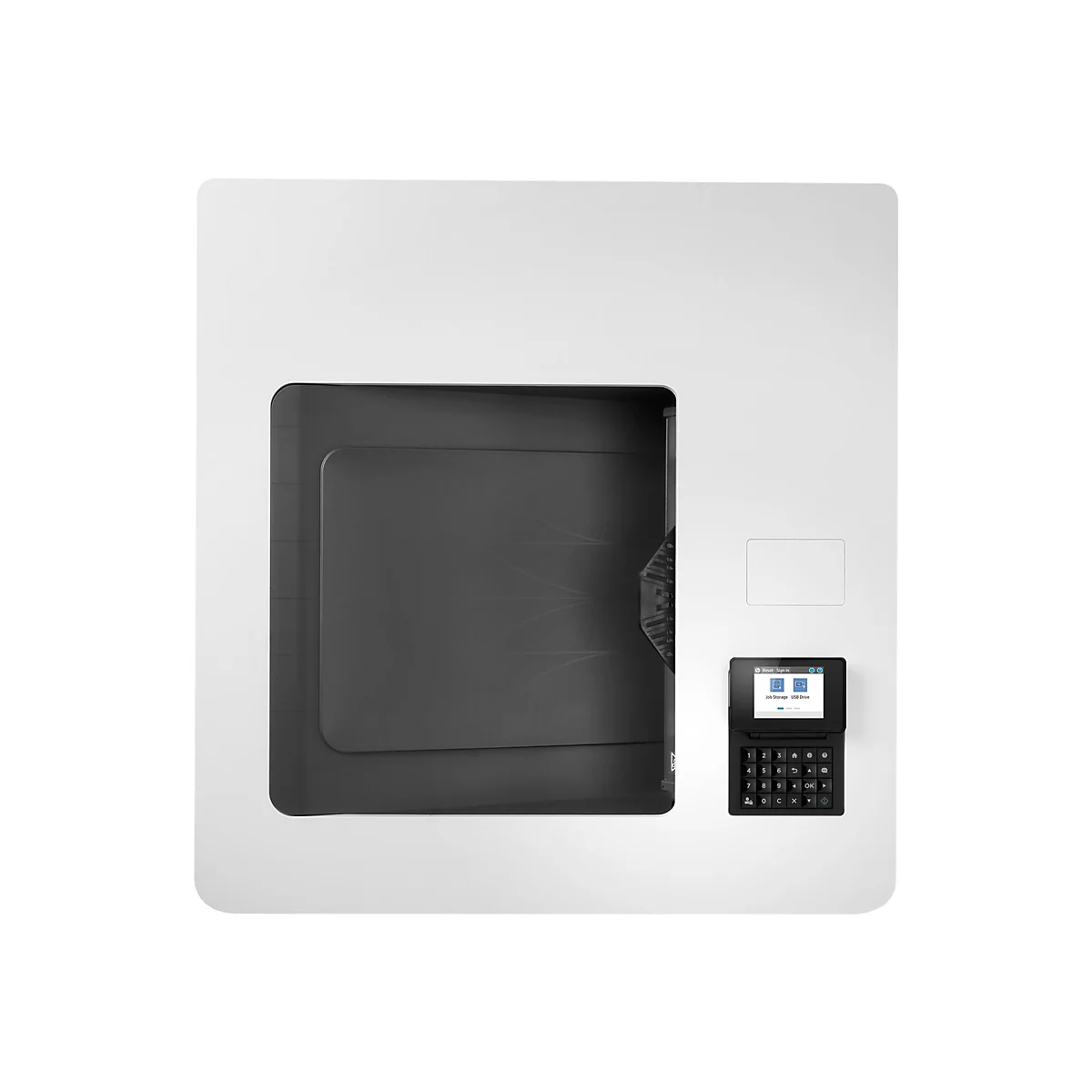 Draufsicht auf einen weißen Drucker. Das Bedienfeld mit Tasten und Display ist sichtbar.