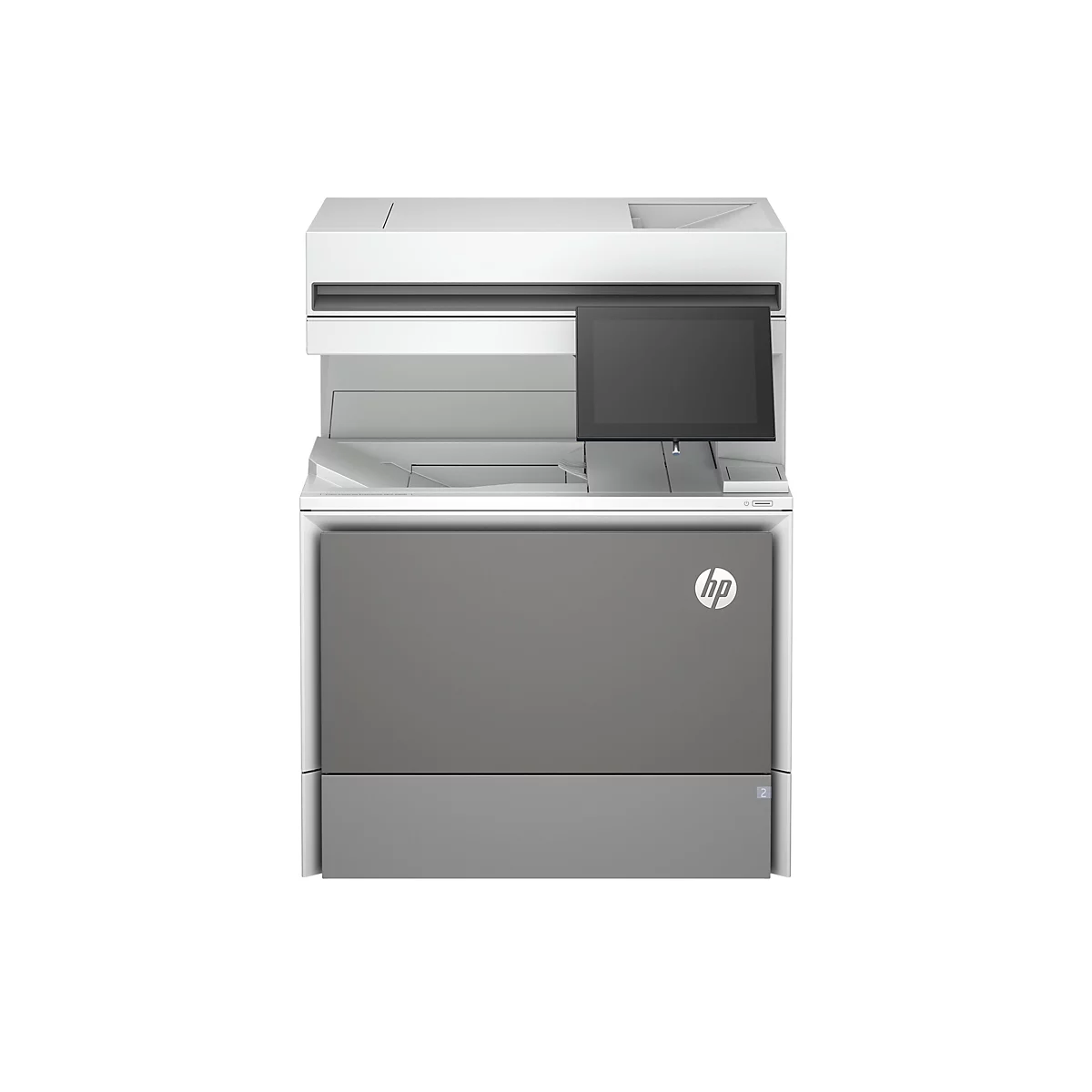 Ein weiß-grauer Drucker. Ein schwarzes Display ist in die Vorderseite integriert, darunter das HP-Logo.