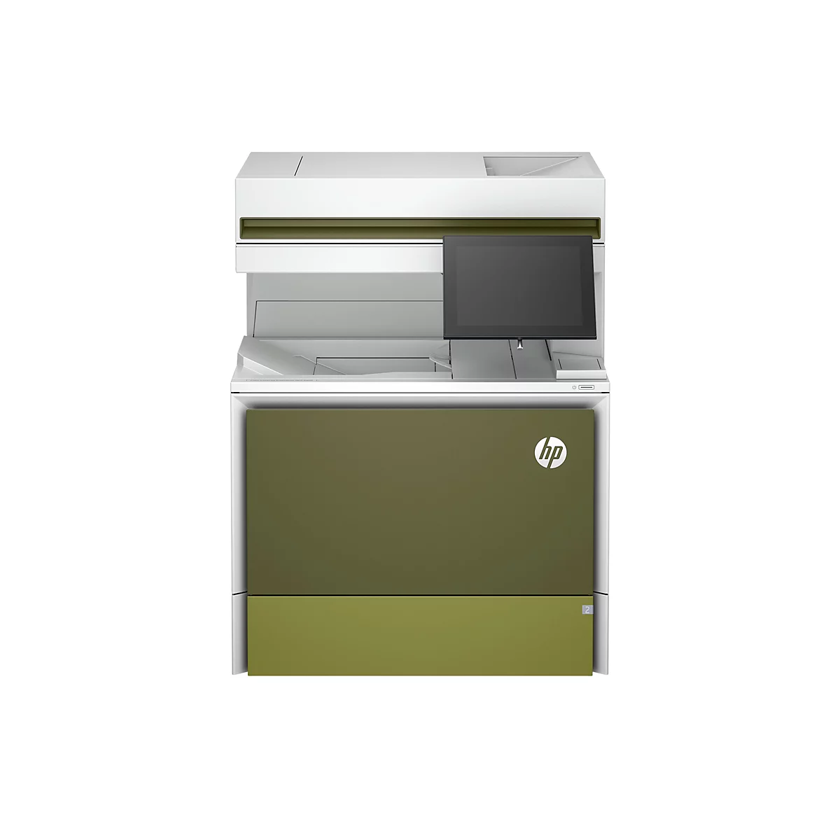 Ein weiß-grüner Drucker mit großem Bildschirm und HP-Logo.