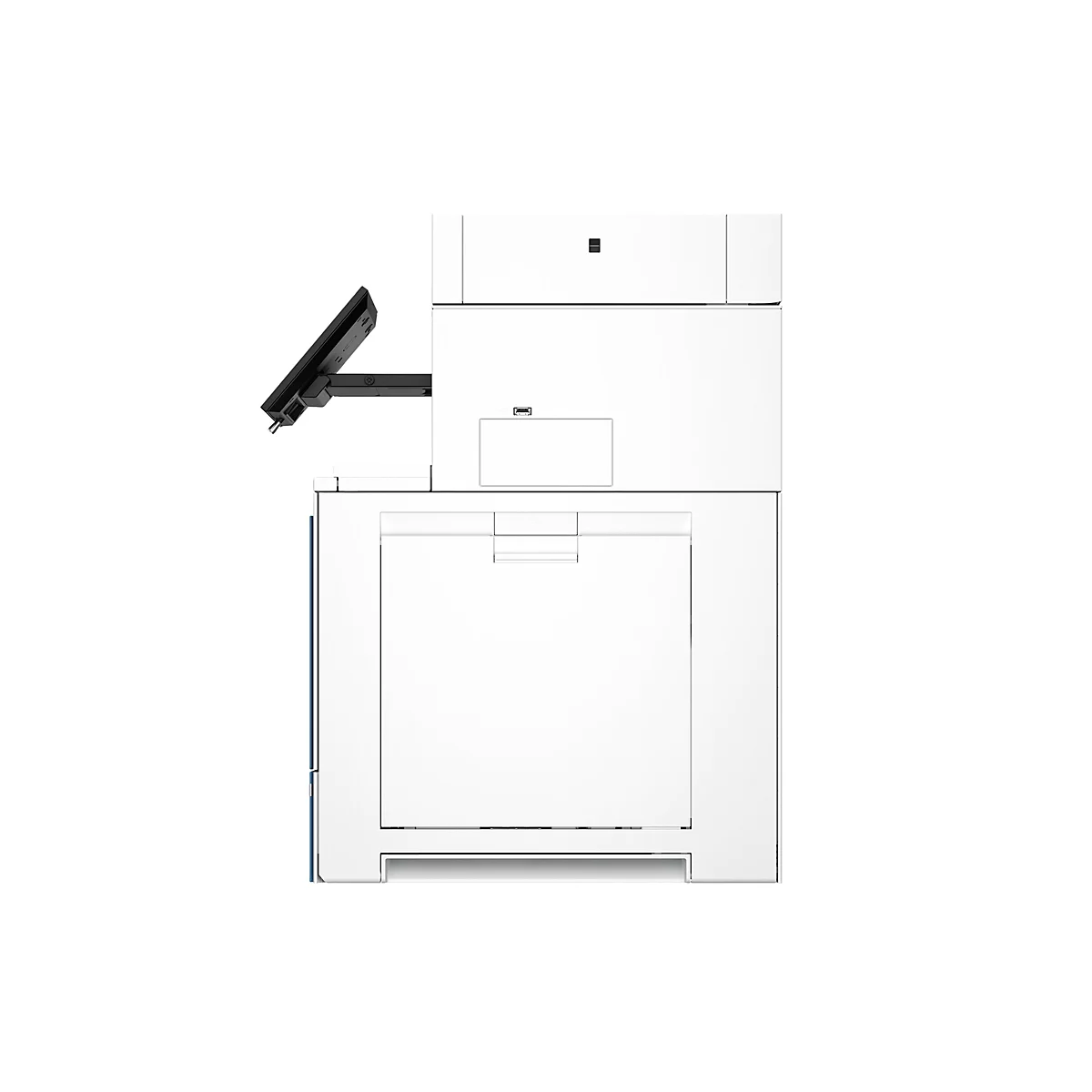Weißer Drucker mit schwarzem Bildschirm und Papierfach.