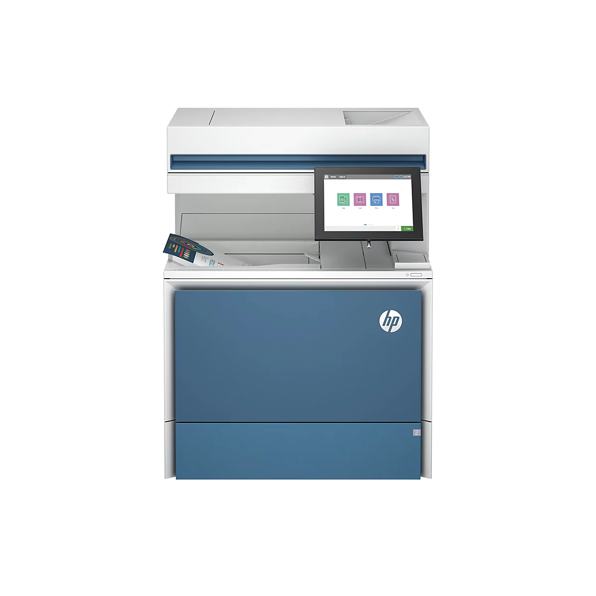 Blau-weißer HP-Multifunktionsdrucker. Auf dem Touchscreen: Kopieren, Scannen, Drucken, Faxen.