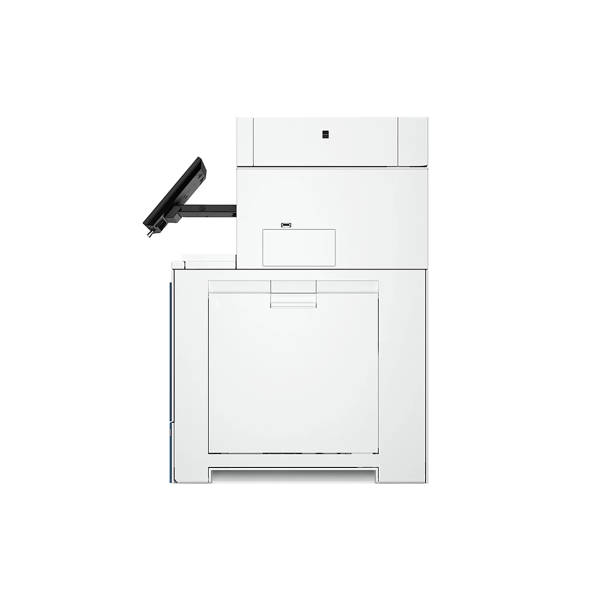 Weißer Drucker vor weißem Hintergrund. Schwarzer Bildschirmarm.