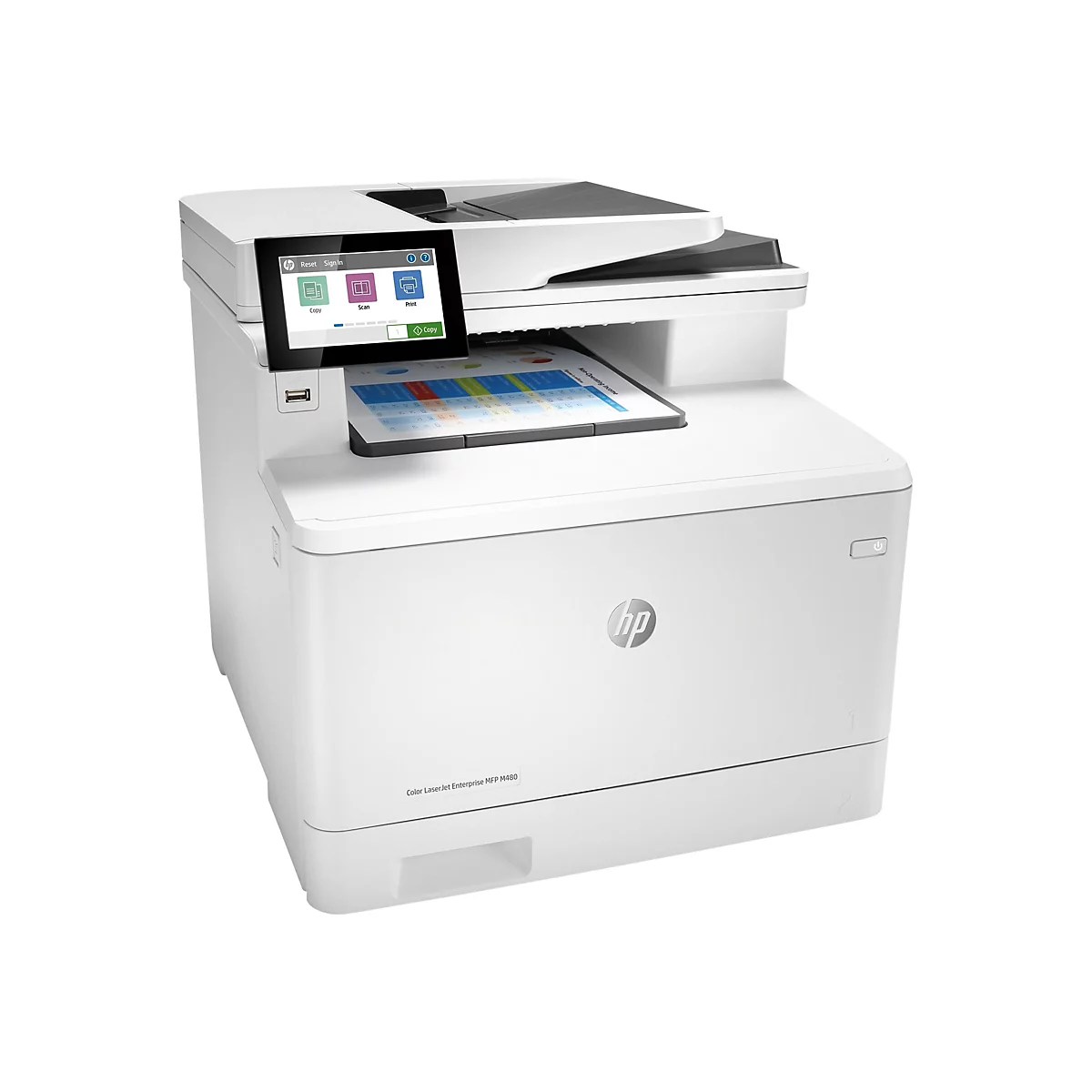 Weißer HP-Multifunktionsdrucker. Auf dem Touchscreen werden Optionen wie 'Kopieren', 'Scannen' und 'Drucken' angezeigt. Ein Blatt mit bunten Diagrammen wird gedruckt.