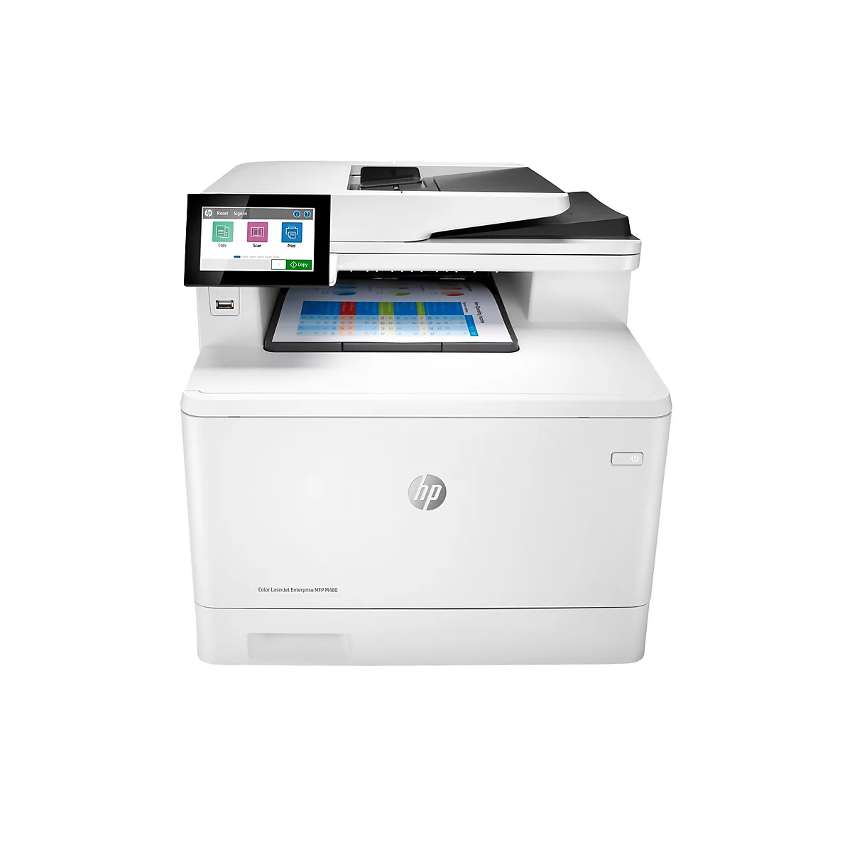 Weißer HP Color LaserJet Enterprise MFP M480 Drucker. Ein farbiges Dokument wird gedruckt.