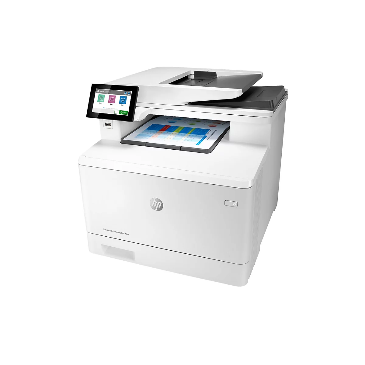Weißer HP-Farblaserdrucker. Auf dem Touchscreen werden Optionen wie Kopieren und Scannen angezeigt, eine Seite mit Diagrammen wird bedruckt.