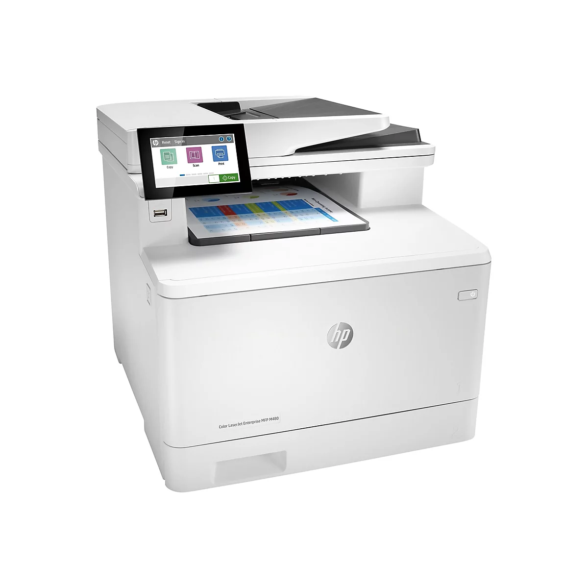 Ein weißer HP-Multifunktionsdrucker, mit Farbdisplay und Bedienfeld. Ein Blatt Papier mit Diagrammen liegt im Ausgabefach.