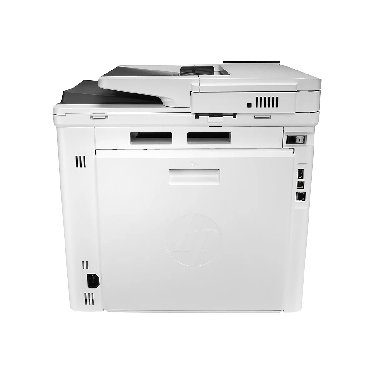 Rückansicht eines weißen HP-Druckers mit schwarzem Oberteil und diversen Anschlüssen.