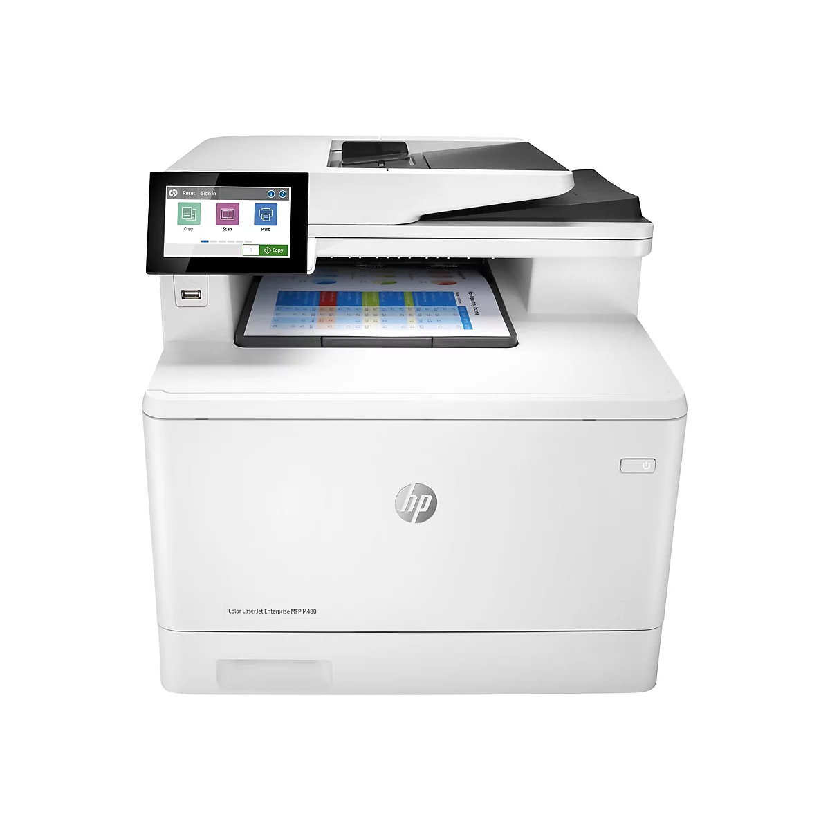 Weißer HP Multifunktionsdrucker mit Touchscreen. Auf dem Display Copy, Scan und Print Buttons. Ein gedrucktes Diagramm liegt im Ausgabefach.