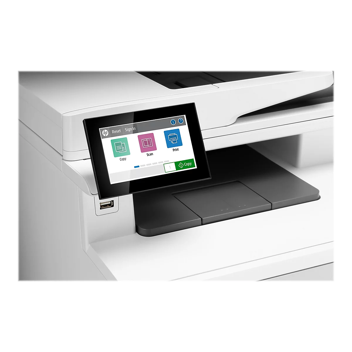 Nahaufnahme eines weißen HP-Multifunktionsdruckers mit Touchscreen-Bedienfeld, der Kopieren, Scannen und Drucken anzeigt.