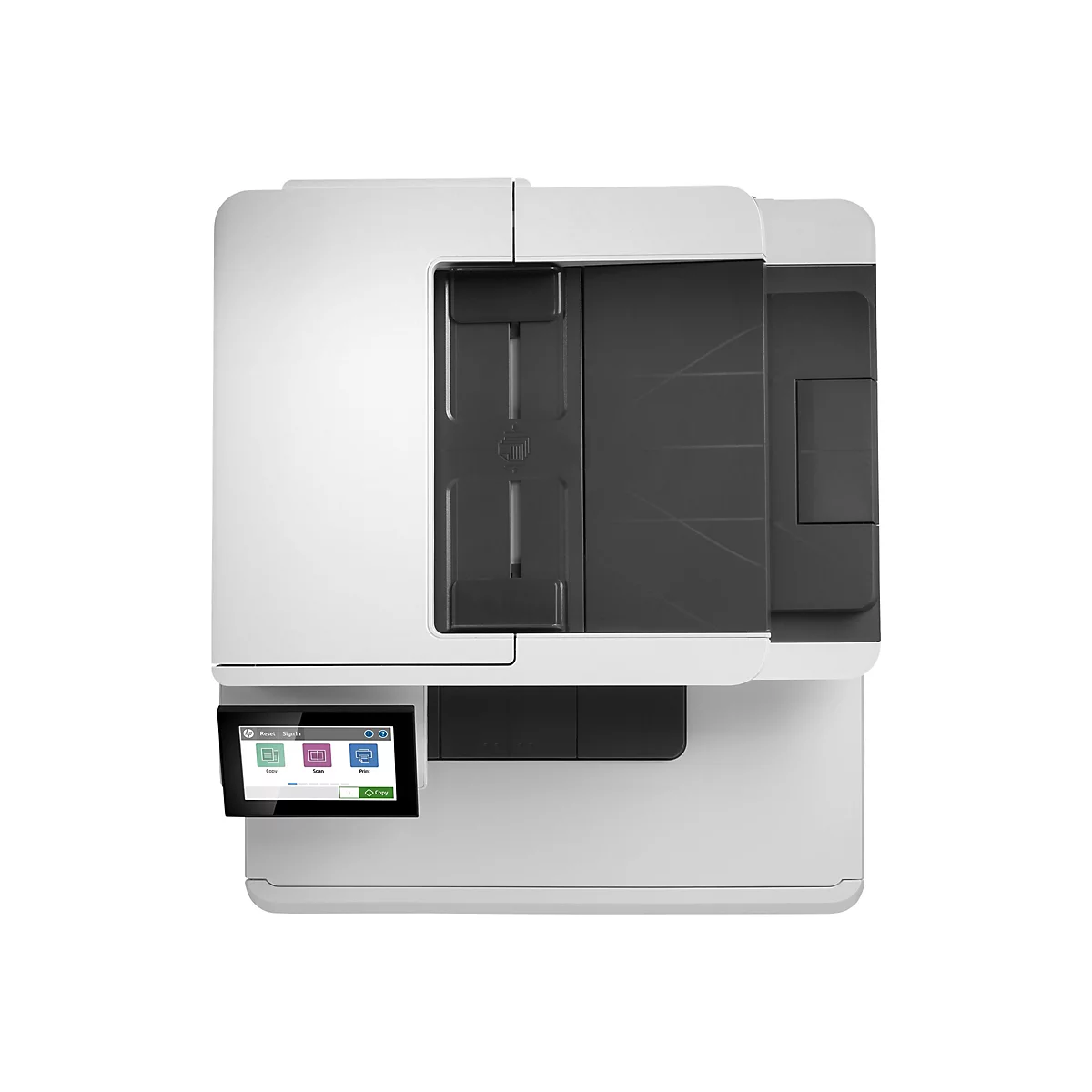 Draufsicht auf einen weißen Drucker mit Touchscreen-Bedienfeld.