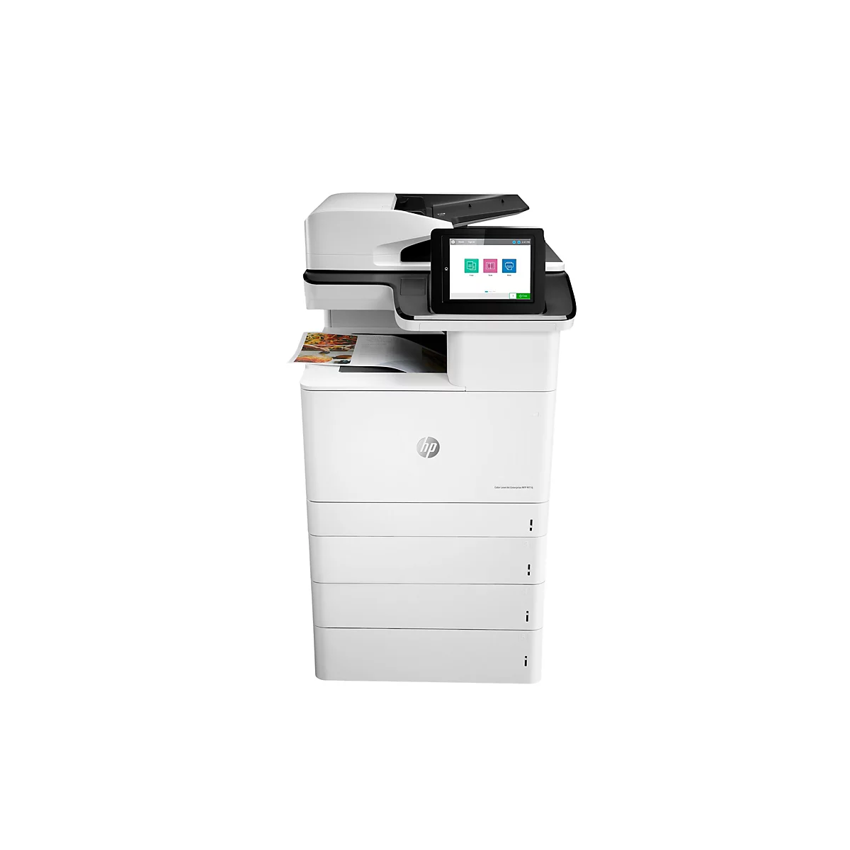 Ein weißer HP-Farblaserdrucker auf weißem Hintergrund. Auf dem Touchscreen werden Optionen wie Kopieren, Scannen und Drucken angezeigt.