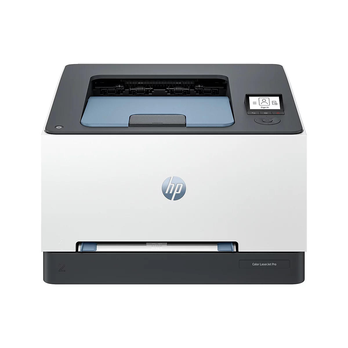 Ein weißer HP Color LaserJet Pro Drucker vor weißem Hintergrund. Das Display zeigt die Optionen. Rechts ist ein Ein/Aus-Knopf.